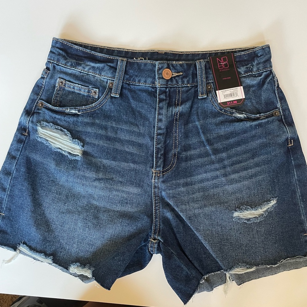 NWT NB HR Destructed midi short in Dark Wash